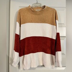 Polagram Tan, White, and Red Colorblock Mock Neck Sweater